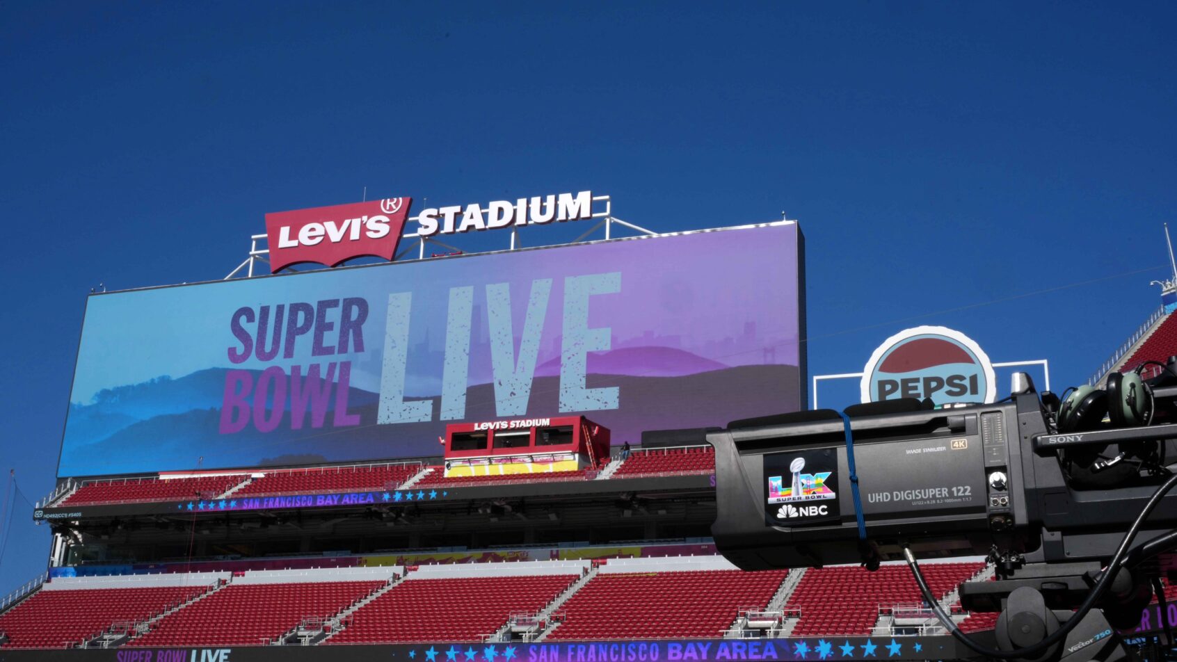 NBC Peacock television camera with Super Bowl LX logo