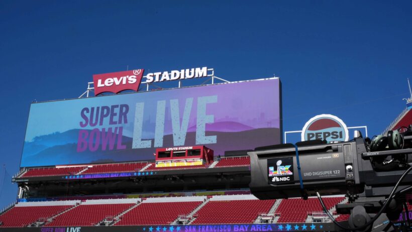 NBC Peacock television camera with Super Bowl LX logo