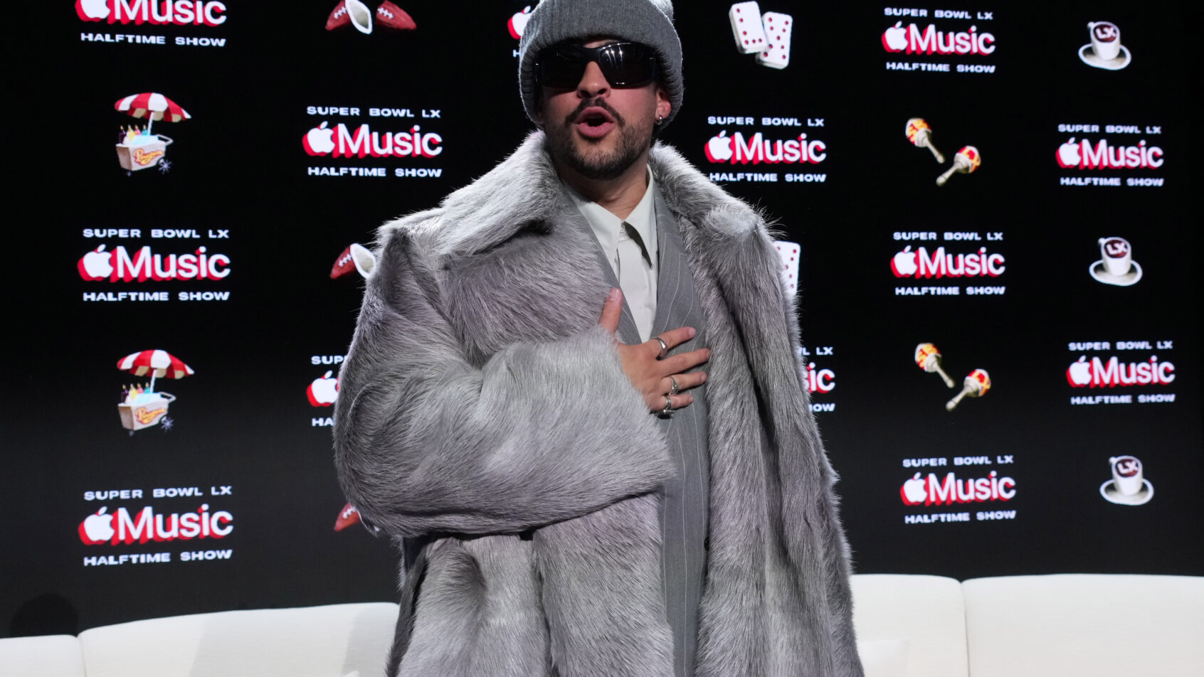 Bad Bunny during the Super Bowl LX halftime show press conference