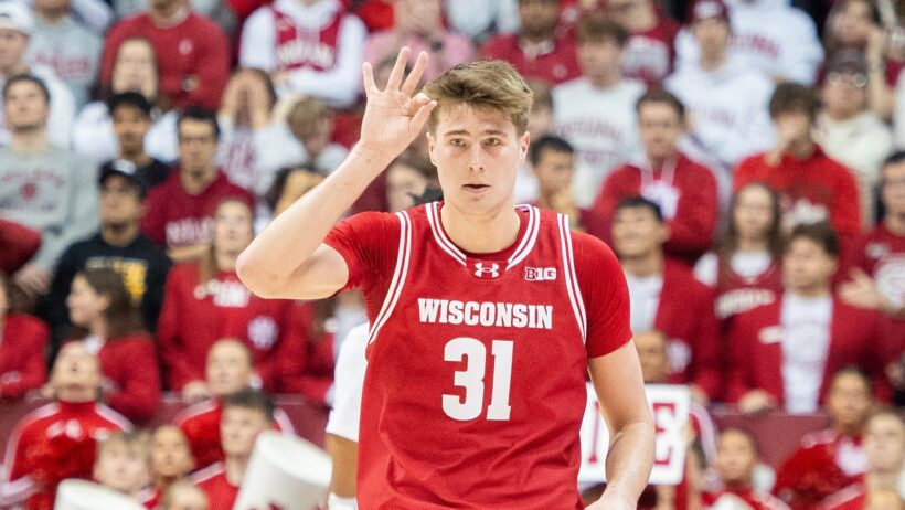 Wisconsin's Nolan Winter celebrates a three