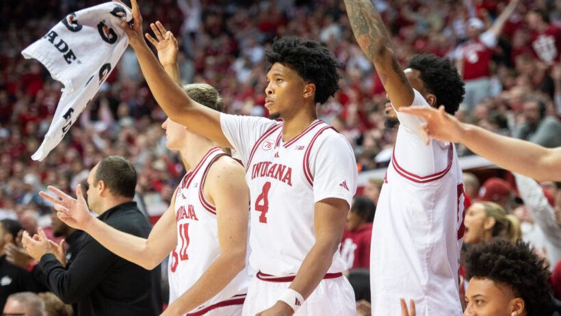 Indiana Hoosiers bench celebrates a bucket versus Oregon.