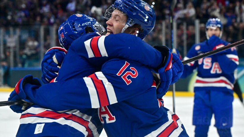 Matt Boldy celebrates a Team USA goal at the Olympics.