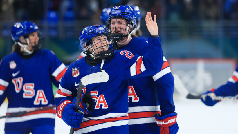 Kendall Coyne celebrates a USA victory over Sweden at the Olympics.