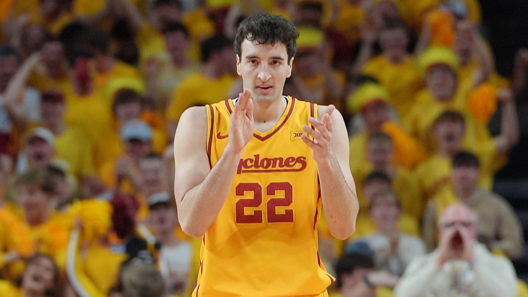 Iowa State Cyclones forward Milan Momcilovic reacts after a three-point shot