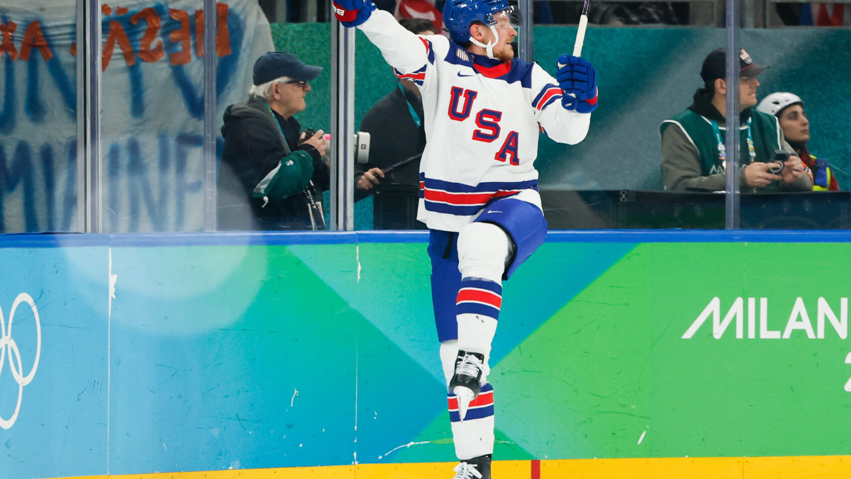 Jack Eichel celebrates a goal versus Slovakia at the Olympics.