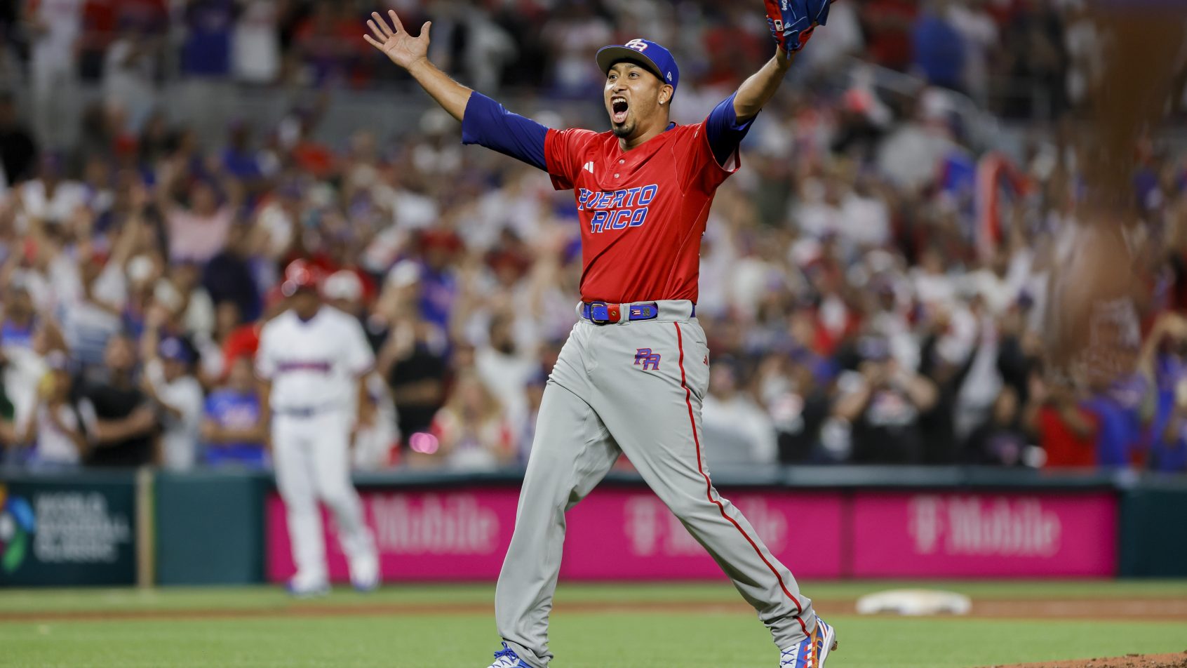 Edwin Diaz celebrates a Puerto Rico victory at the 2023 World Baseball Classic.