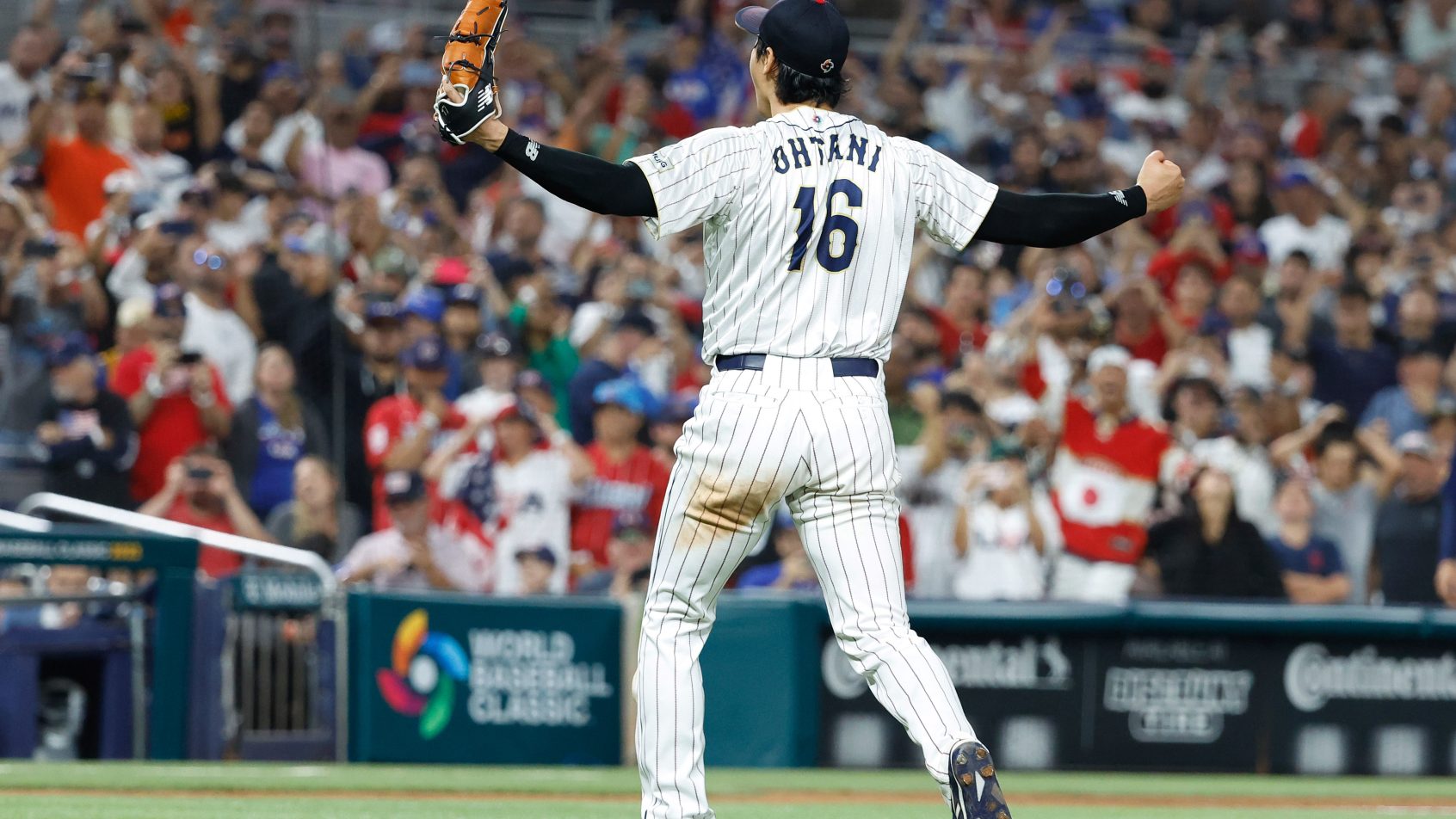 Shohei Ohtani celebrates Japan's win at the 2023 WBC
