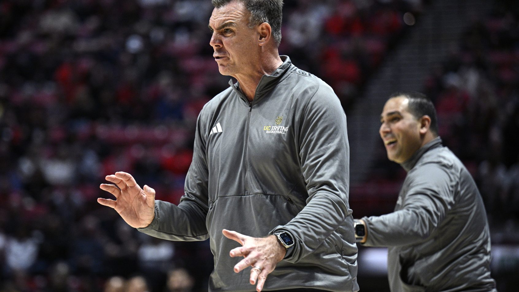 UC Irvine head coach Russell Turner barks instructions from the sidelines.