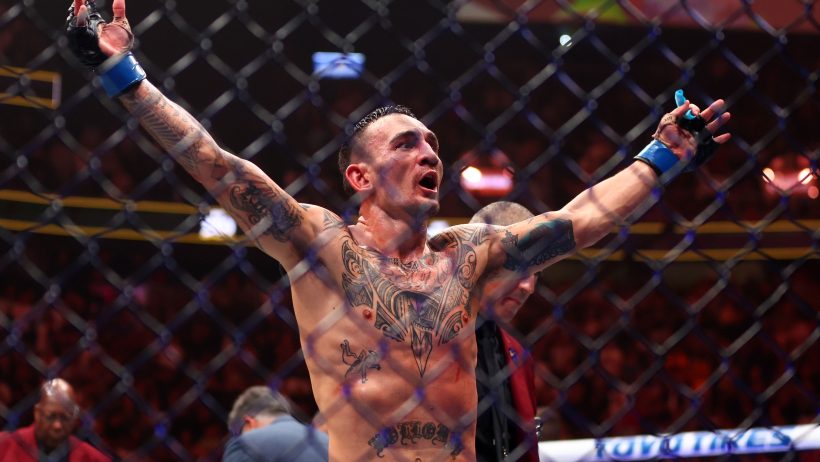 Max Holloway celebrates a victory over Justin Gaethje at UFC 300.