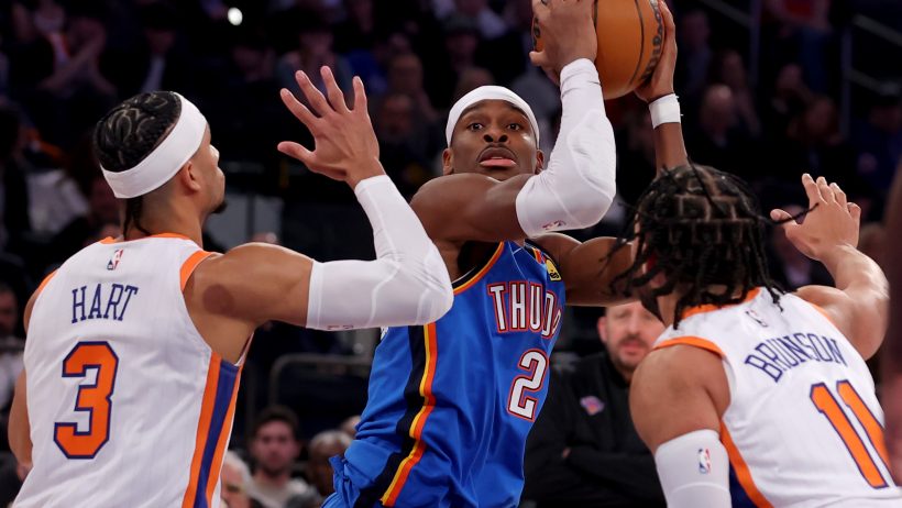 Oklahoma City Thunder guard Shai Gilgeous-Alexander looks to pass