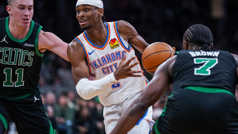 Shai Gilgeous-Alexander drives against the Celtics