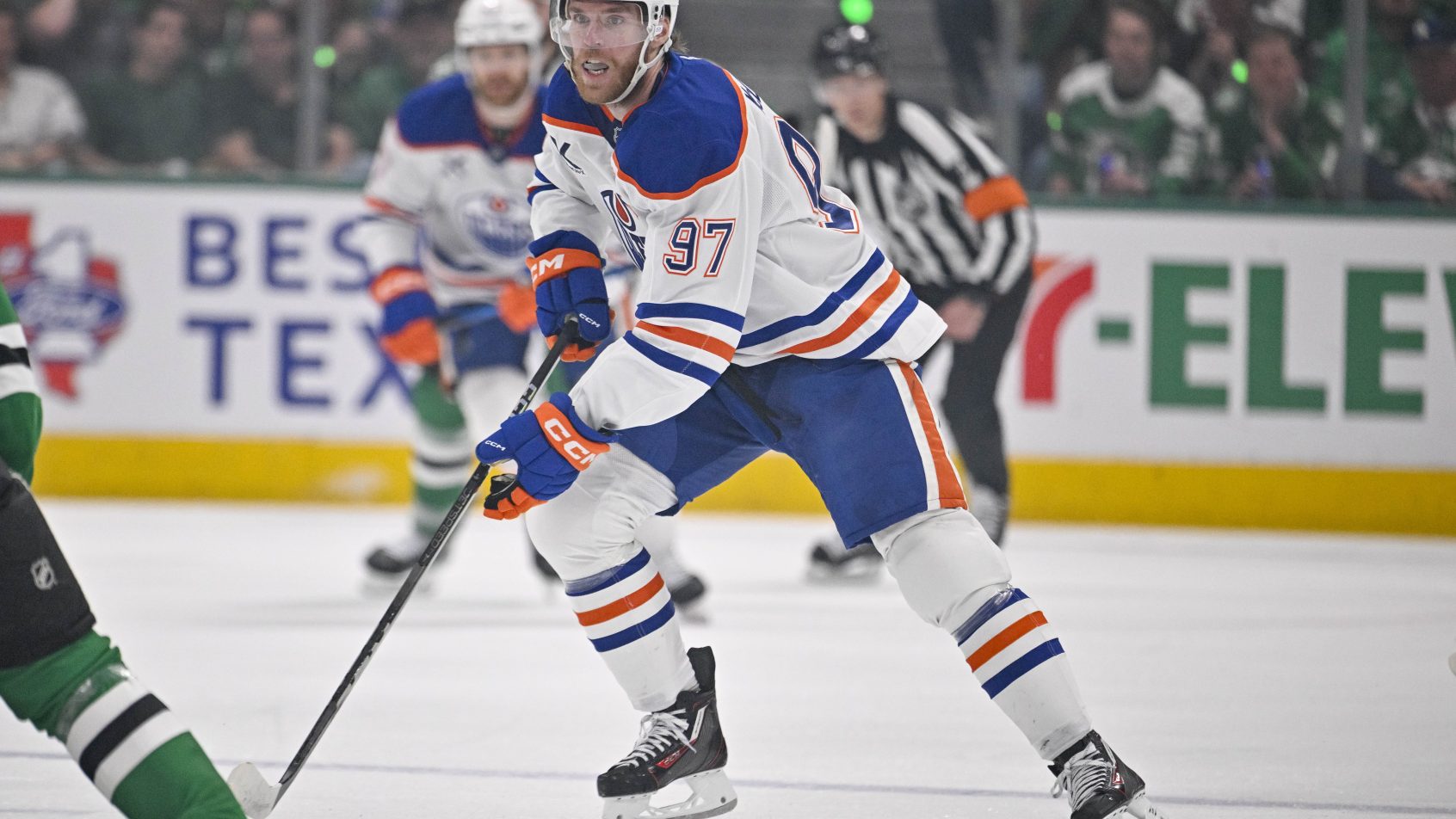 Edmonton Oilers center Connor McDavid skates with puck