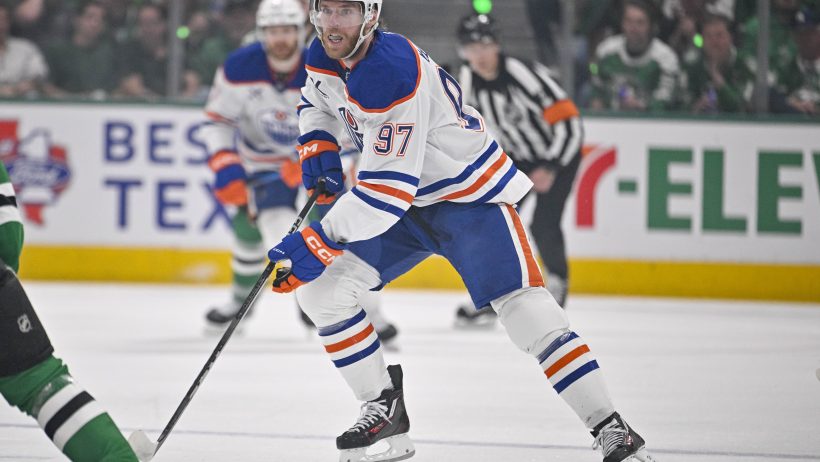 Edmonton Oilers center Connor McDavid skates with puck