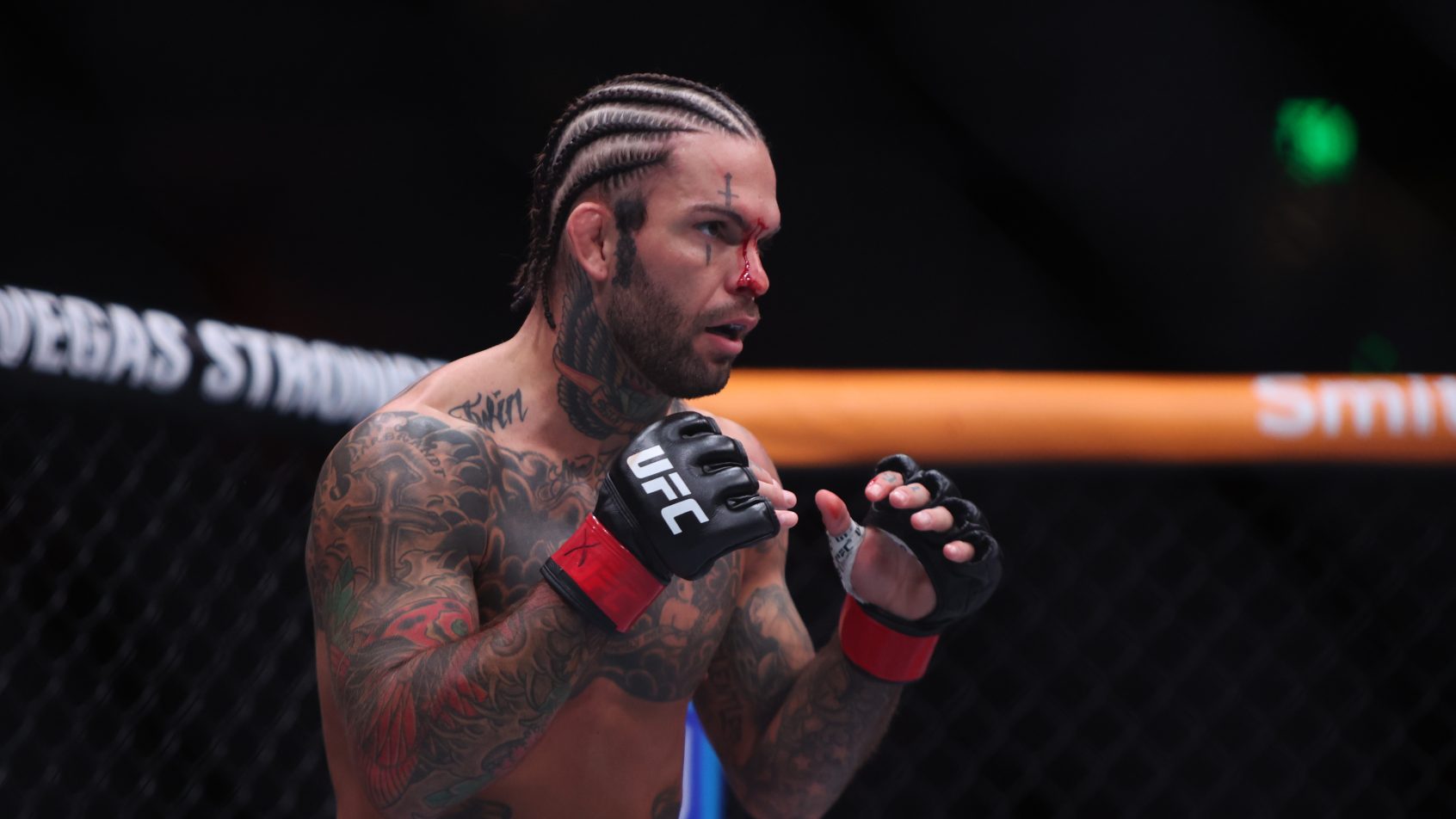 Cody Garbrandt in a fight versus Raoni Barcelos during a UFC Fight Night card.