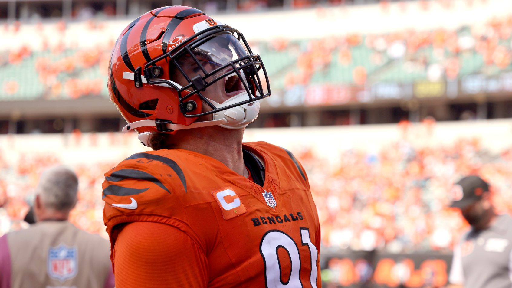 Trey Hendrickson celebrates a victory over the Jaguars.