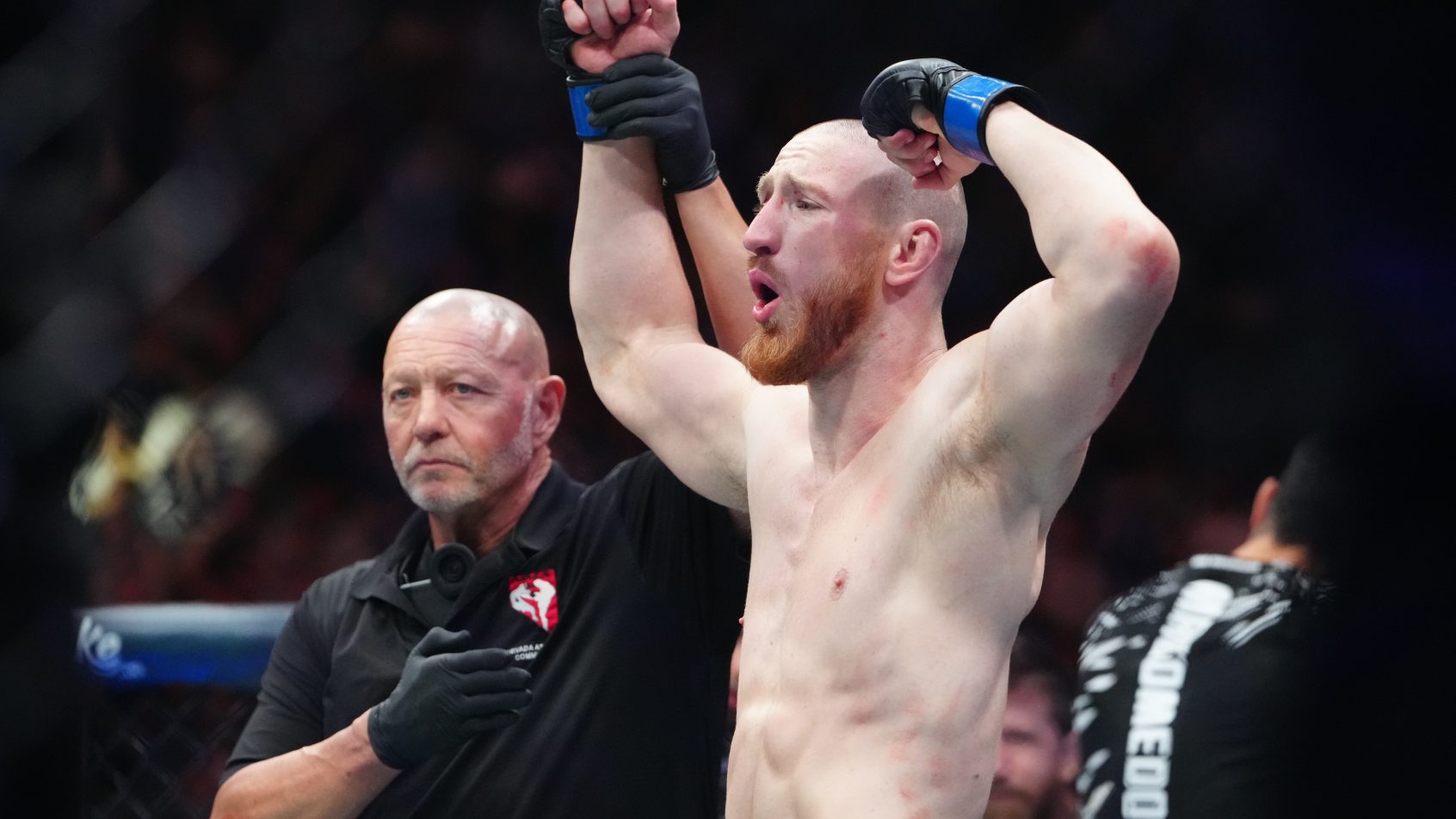 Joe Pyfer reacts after the fight against Abus Magomedov during UFC 320.