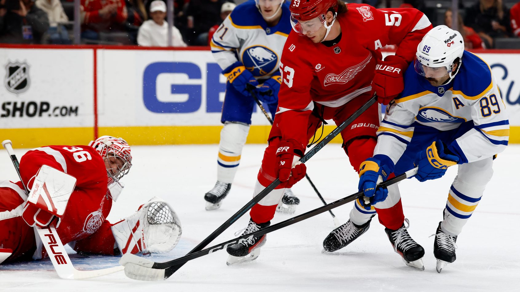 Alex Tuch takes a shot and scores on goaltender John Gibson