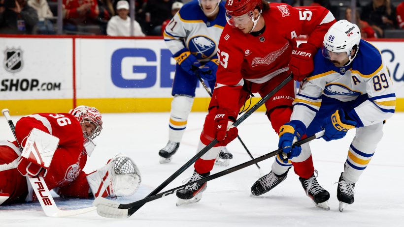 Alex Tuch takes a shot and scores on goaltender John Gibson
