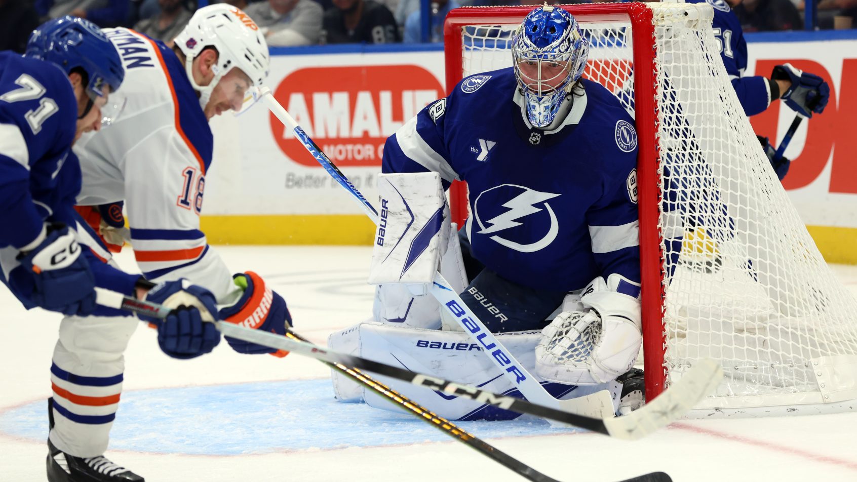 Tampa Bay Lightning goaltender Andrei Vasilevskiy looks at the puck
