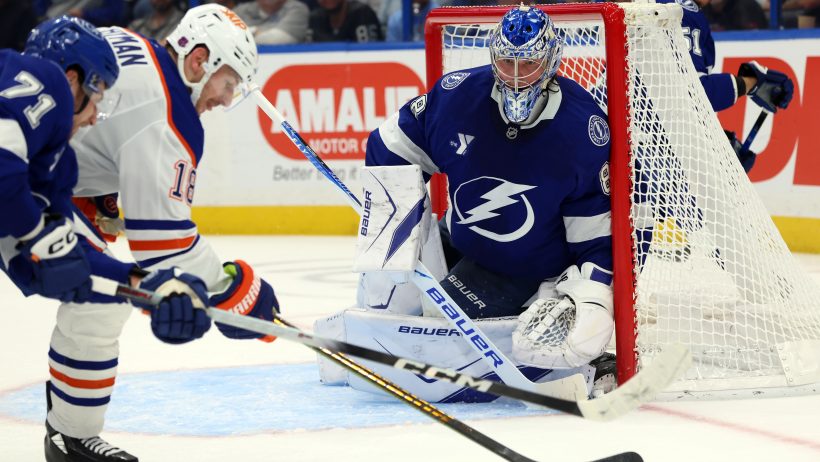 Tampa Bay Lightning goaltender Andrei Vasilevskiy looks at the puck
