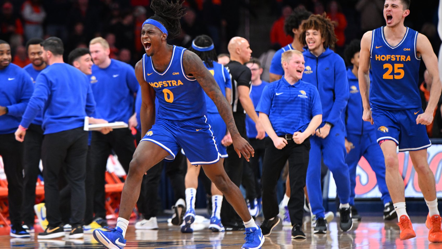 Hofstra celebrates a victory over Syracuse.