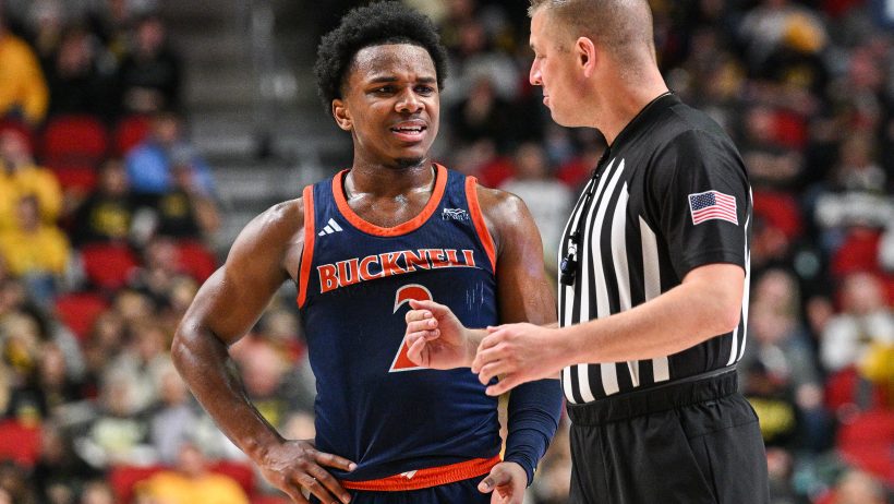 Bucknell Bison guard Jayden Williams talks to an official