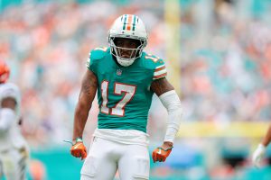 Jaylen Waddle celebrates a first down vs the Bengals.