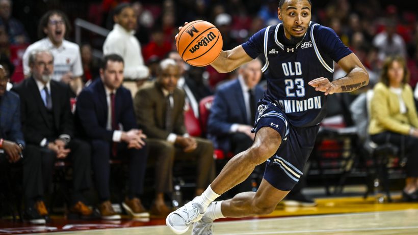 Old Dominion Monarchs guard Jordan Battle drives to the hoop