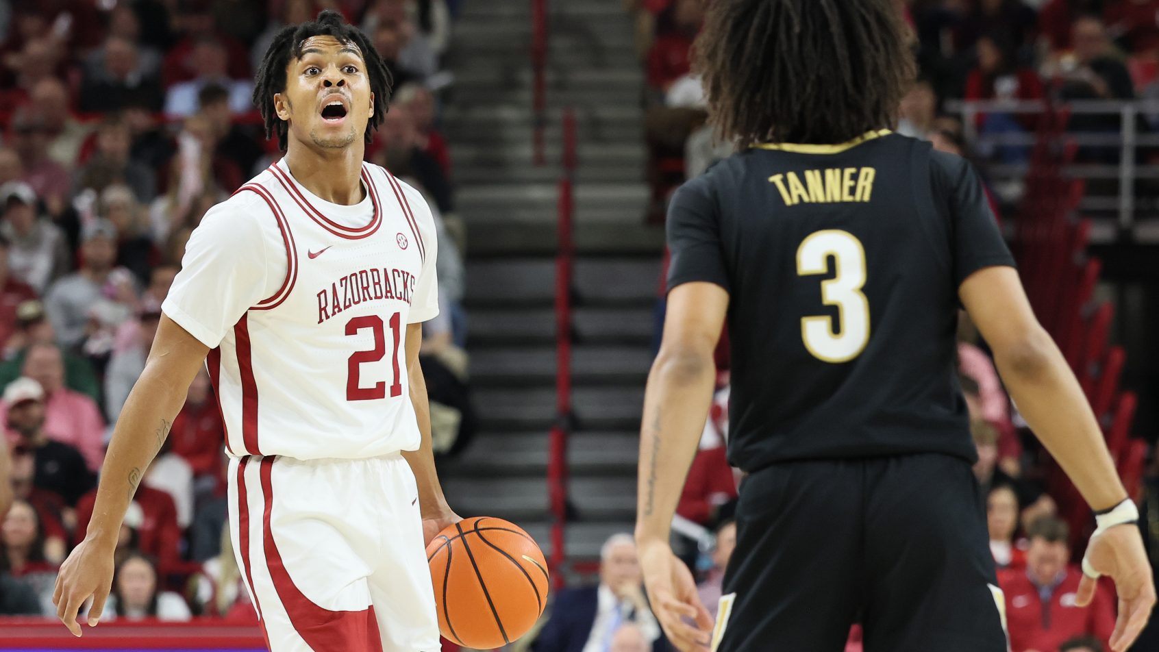 Arkansas Razorbacks guard D.J. Wagner brings the ball up the court