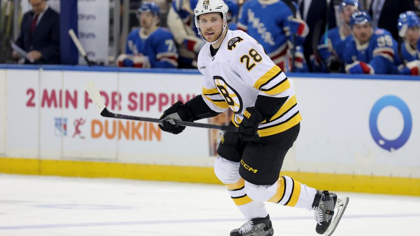 Elias Lindholm breaks out of the zone in a game versus the Rangers.