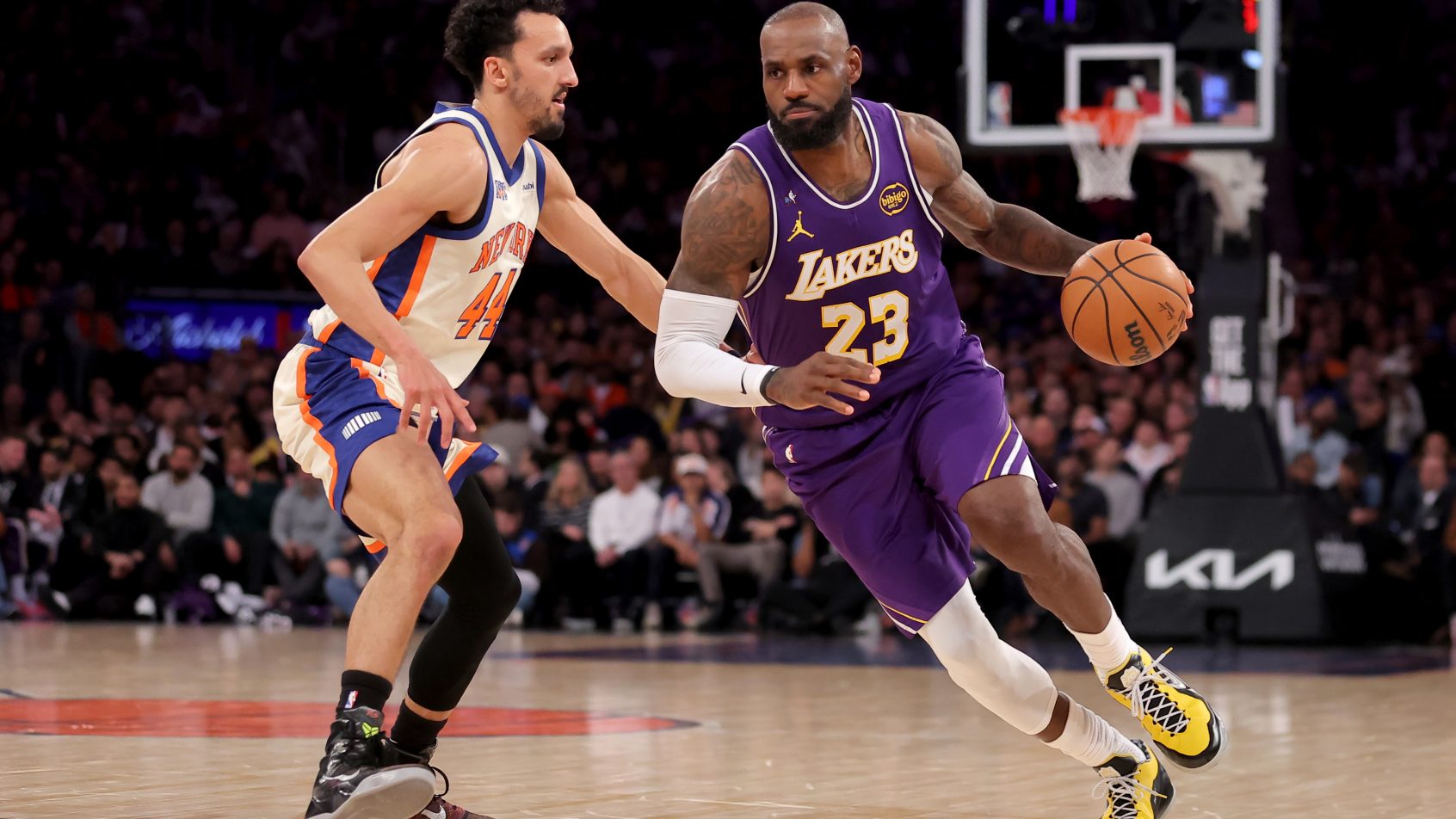 Los Angeles Lakers forward LeBron James drives against New York Knicks guard Landry Shamet