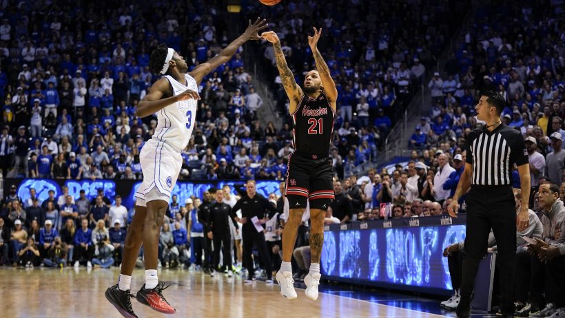 Houston Cougars guard Emanuel Sharp shoots over BYU Cougars forward AJ Dybantsa