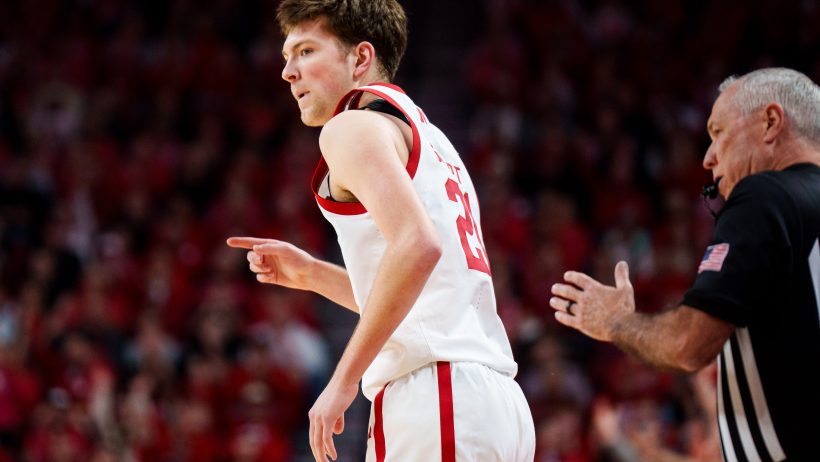 Nebraska Cornhuskers forward Pryce Sandfort celebrates a basket
