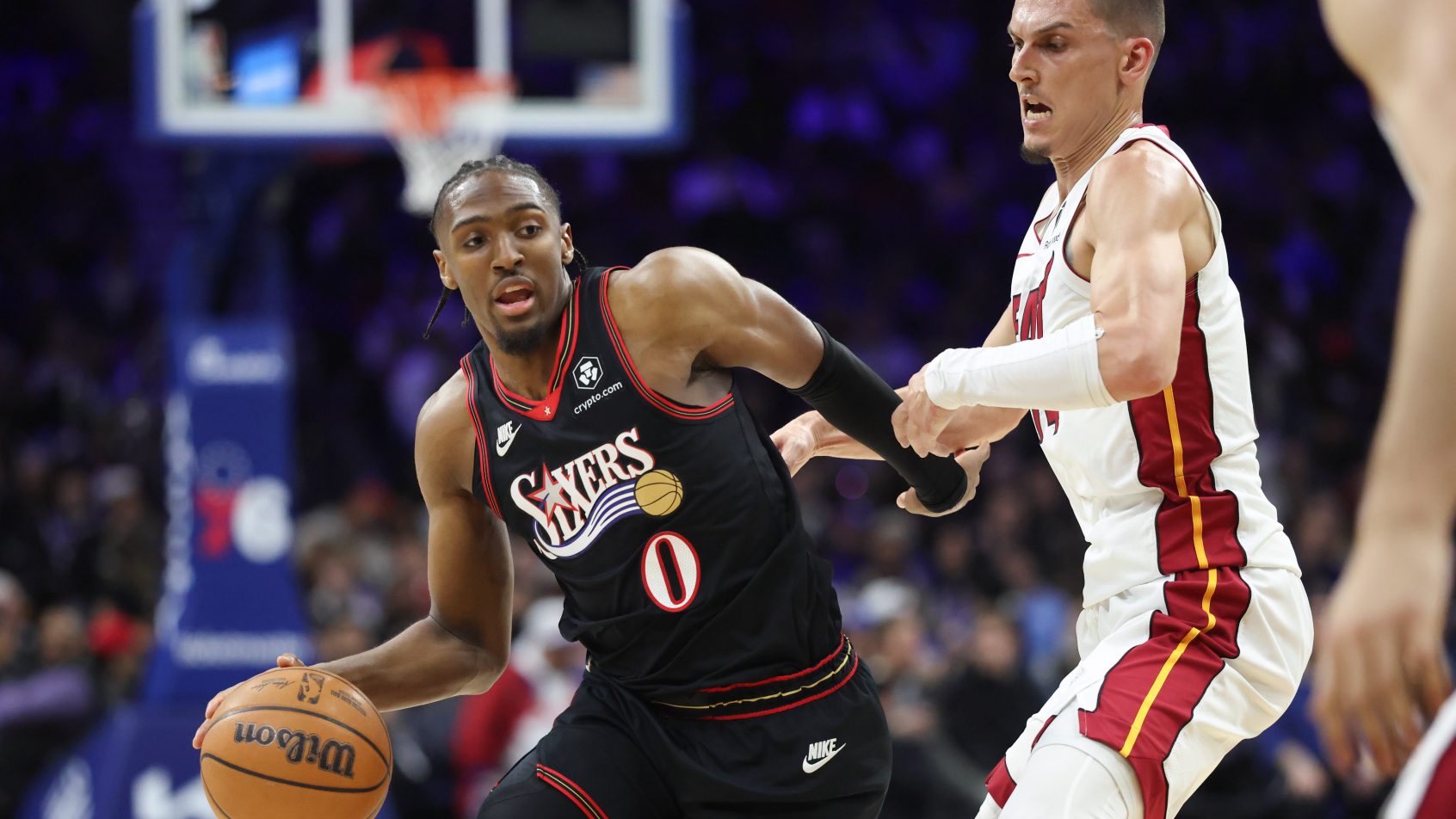 Tyrese Maxey goes up against Tyler Herro