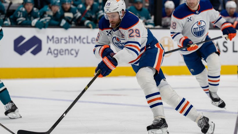 Leon Draisaitl races into the Sharks zone.