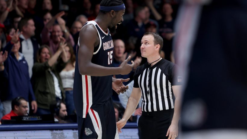 Gonzaga Bulldogs forward Graham Ike talks to an official