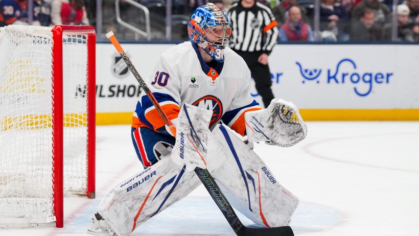 New York Islanders goaltender Ilya Sorokin defends the net
