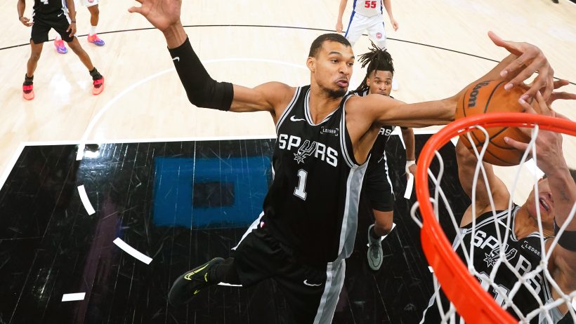 Victor Wembanyama grabs a rebound during the second half against the Detroit Pistons
