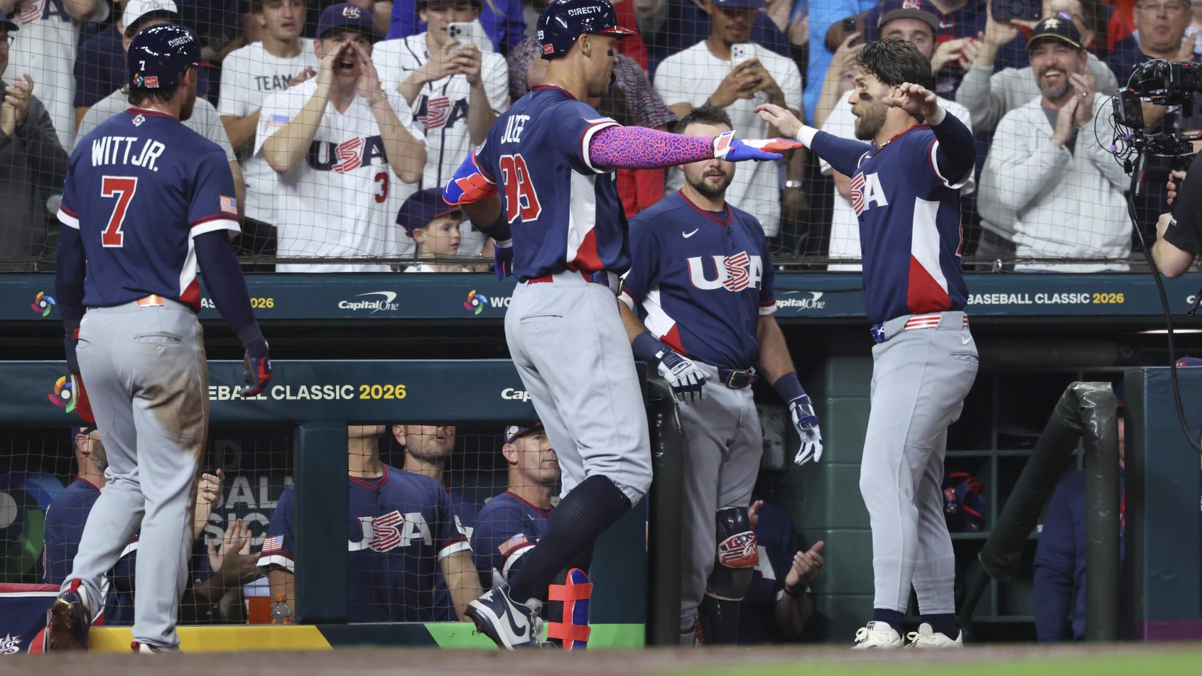 Bryce Harper celebrating with Aaron Judge