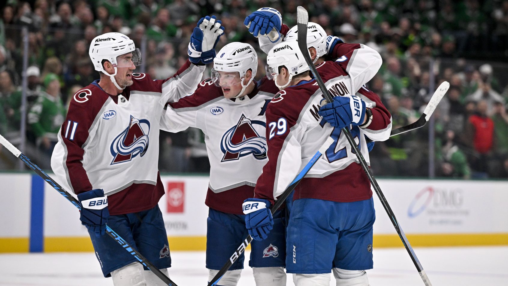 Avs players celebrate goal