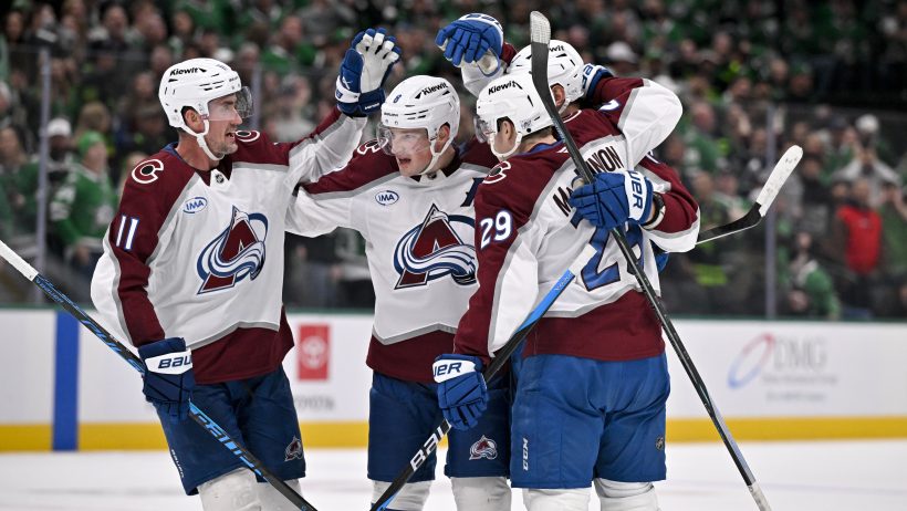 Avs players celebrate goal