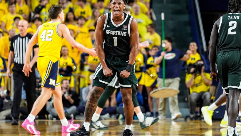 Michigan State guard Jeremy Fears Jr yelling