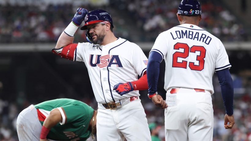Kyle Schwarber celebrates a home run for Team USA at the WBC.