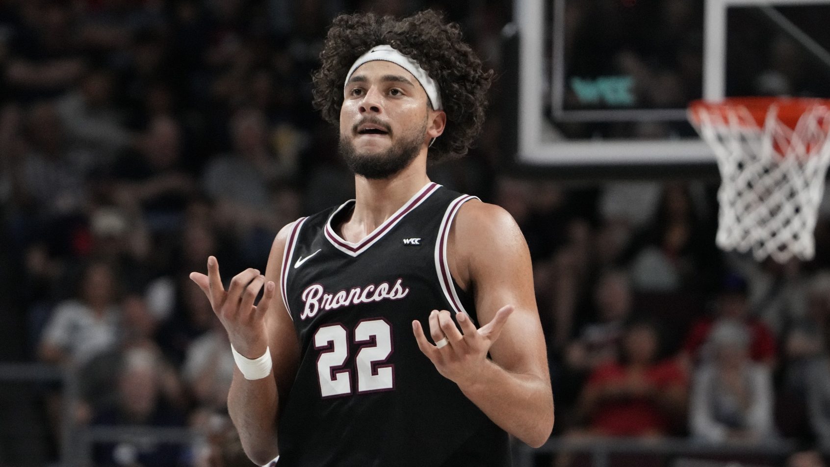 Allen Graves celebrates a bucket versus Gonzaga in the WCC Title Game.