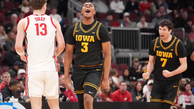 Iowa celebrates a bucket versus Ohio State in the Big Ten Tournament.