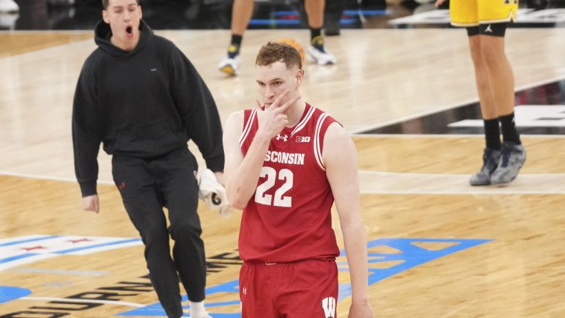Wisconsin forward Austin Rapp celebrates a three-pointer against Michigan in the Big Ten Tournament.