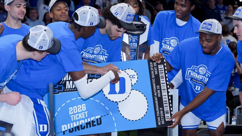 Duke celebrates their ACC Tournament championship.