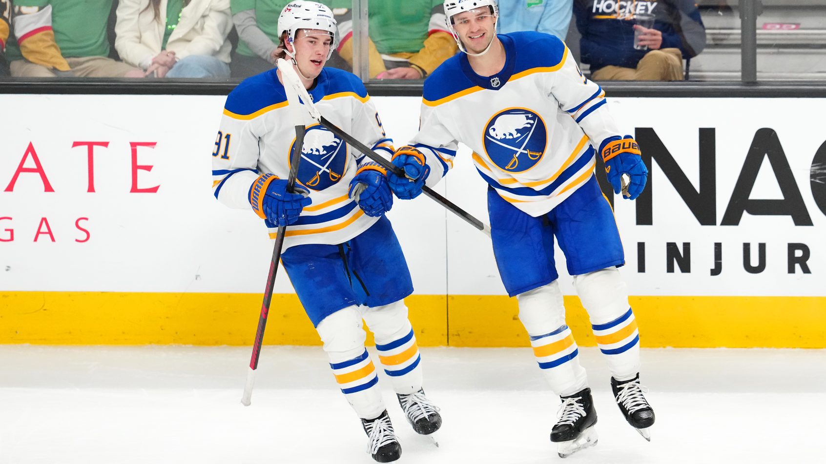 Buffalo Sabres Josh Norris and Josh Doan celebrate goal