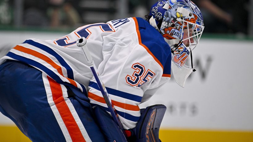 Edmonton Oilers goaltender Tristan Jarry looks on