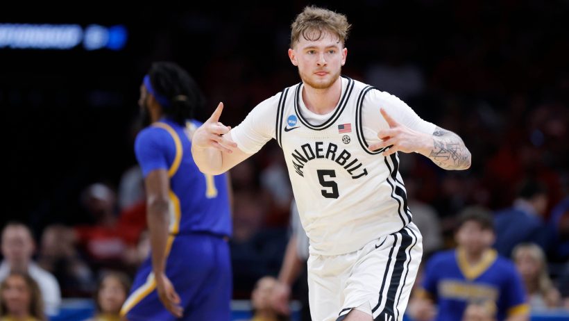 Vanderbilt Commodores forward Tyler Nickel gestures after hitting a three